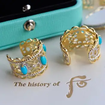Designer de măiestrie sintetic albastru turcoaz deschidere inel dantelă model gol nobil farmecul femei bijuterii de argint