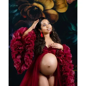 Destul De Volane De Tulle Rosu Lung De Maternitate Rochii Pentru Foto Femeie Gravidă Rochie Cu Mâneci Complete Haină Lungă