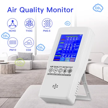Detector de gaz de calitate a aerului tester PM2.5 PM10 Formaldehidă HCHO TVOC CO2 LCD Digital Detector
