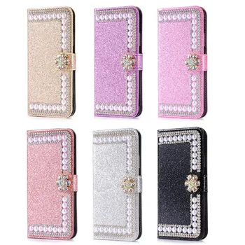 Diamond Pearl Floare Slot pentru Card de Portofel Flip Glitter din Piele Caz Acoperire Pentru Samsung Galaxy Nota 20 10 9 8 S20 Ultra S10E/9/8 Plus