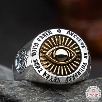 Diavolul Ochii Hexagon Masonice Ring pentru Bărbați Argint 925 Mens Inele sigilate Francmason Totem Bijuterii