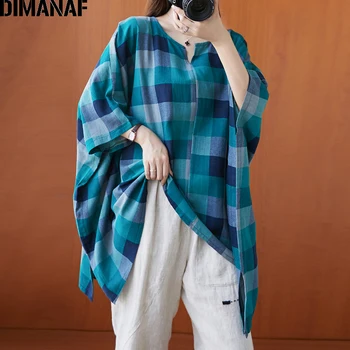 DIMANAF Femei, Plus Dimensiune Bluza Tricou Bumbac Dimensiuni Mari Casual Doamna Topuri Tunica de Imprimare Carouri Vrac Haine de sex Feminin Batwing Maneca 5XL