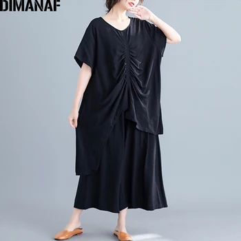 DIMANAF Plus Dimensiunea Femei Seturi de Îmbrăcăminte Casual de Vara de Birou de sex Feminin Doamna Topuri Tricouri Largi și Pantaloni Lungi Seturi Costum Casual Negru Solid
