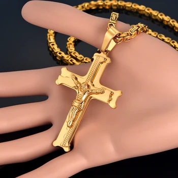 Din Oțel inoxidabil de Mare Isus Pandantiv Cruce Cu Lanț Lung de Bărbați de Culoare de Aur Crucifix Coliere de sex Masculin Religioase Bijuterii Dropshipping