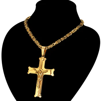 Din Oțel inoxidabil de Mare Isus Pandantiv Cruce Cu Lanț Lung de Bărbați de Culoare de Aur Crucifix Coliere de sex Masculin Religioase Bijuterii Dropshipping
