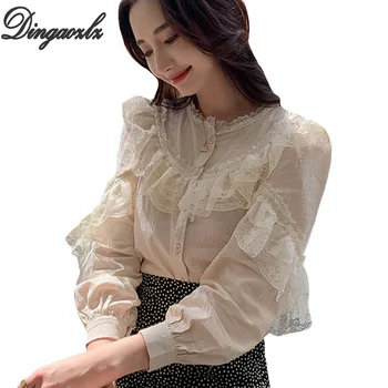 Dingaozlz moda cu maneci lungi dantelă topuri elegante, feminine cusaturi dantelă bluză casual 2019 noi femeile coreene tricou