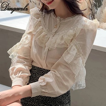 Dingaozlz moda cu maneci lungi dantelă topuri elegante, feminine cusaturi dantelă bluză casual 2019 noi femeile coreene tricou