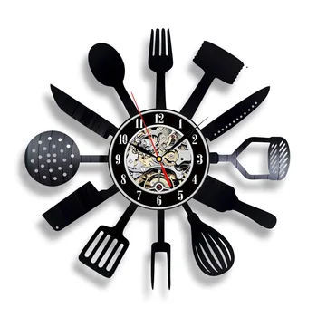 Disc de vinil Ceas de Perete cu Design Modern Decorative Bucatarie Cuțit și Furculiță de Bucătărie Agățat Ceasuri ceasuri de Perete Decor Acasă Tăcut