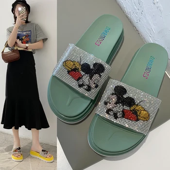 Disney Drăguț Mickey Model De Papuci Femei 2020 Moda Bling Feminin Slide-Uri Bomboane De Culoare Diamond Beach Fund Gros Pantofi În Aer Liber