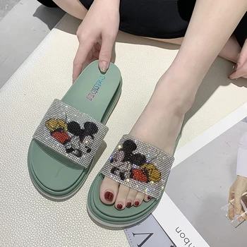 Disney Drăguț Mickey Model De Papuci Femei 2020 Moda Bling Feminin Slide-Uri Bomboane De Culoare Diamond Beach Fund Gros Pantofi În Aer Liber