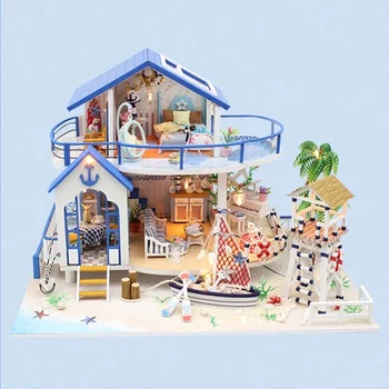 DIY din Lemn, case de păpuși Albastru Călătorie Romantică Villa Asamblate in Miniatura cu Mobilier Casă de Păpuși Jucarii pentru Copii Fete Adult Cadou