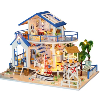 DIY din Lemn, case de păpuși Albastru Călătorie Romantică Villa Asamblate in Miniatura cu Mobilier Casă de Păpuși Jucarii pentru Copii Fete Adult Cadou