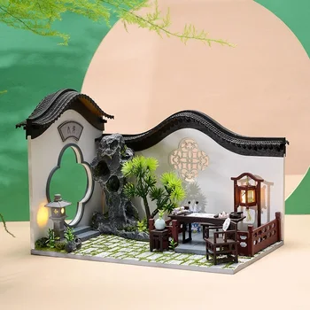 DIY Stil Chinezesc Curte Arhitectura de Lemn casă de Păpuși în Miniatură, Cu Mobilier de Case Papusa Asamblat Jucarii Copii Cadou de Crăciun