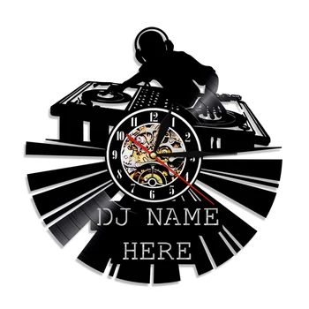 DJ Silueta Umbra de Artă Decorativ de Perete Ceas de Personalitate Personalizate Nume de DJ disc de Vinil Ceas de Perete cu Design Modern cel Mai bun Cadou Pentru DJ