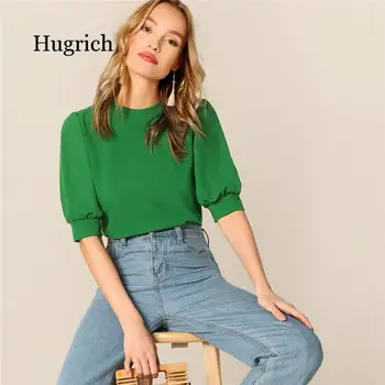 Doamnelor Casual Verde Puff Sleeve Keyhole Înapoi Solid Top Si Bluza Pentru Femei De Vară 2021 Jumătate Maneca Bluze Elegante