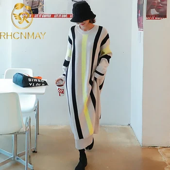 Doamnelor Maneca Lunga Rochie Vrac Coreea-O Bucată Subțire Doamna Dungi Pulover Se Tricotează Rochii Toamna Iarna 2020 Femei Rochie Rochie Lunga