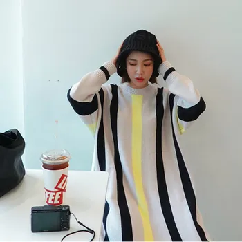 Doamnelor Maneca Lunga Rochie Vrac Coreea-O Bucată Subțire Doamna Dungi Pulover Se Tricotează Rochii Toamna Iarna 2020 Femei Rochie Rochie Lunga