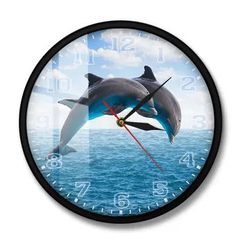 Doi Delfini Sărind Peisaj Marin Albastru Ceas De Perete Adânc Apele Oceanului Cu Delfinul Mișcarea Tăcut Perete Ceas De Animale De Mare Arta De Perete