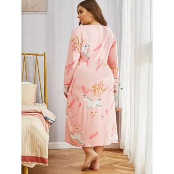 DOIB Femei Plus Dimensiune cămașă de noapte Roz Desene animate de Imprimare Sleepwear Dantela Mozaic Pijamale Supradimensionat Homewear Vara Dimensiuni Mari Rochie