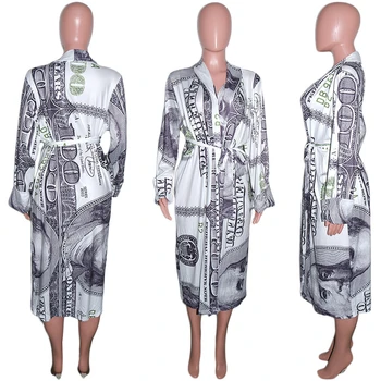 Dolarul Imprimate Dress 2020 Toamna Femei Cu Maneci Lungi V-Neck Loose Deschide Ochi Sleepwear Rochii Midi Homewear Robe Vestidos