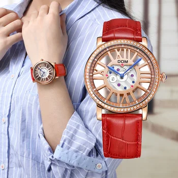 DOM brand de lux ceasuri impermeabil piele stil schelet de aur cuarț femei G-1031