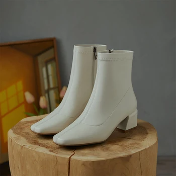 Donna-în cizme glezna cu Toc cu fermoar lateral toc pătrat elegant, femei albe, cizme de toamna de sex feminin pantofi de designer de cizme 2020 tocuri inalte