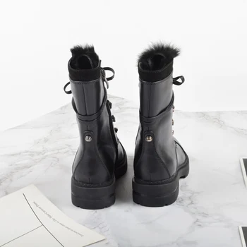 Donna-în timpul Iernii la Jumătatea Vițel Cizme Femei din Piele Cu Blana Med Toc Cald Scurt de Pluș cizme de Zăpadă de Moda Dantela Sus pantofi pentru Femei