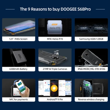 DOOGEE S68 Pro 5.84 Inch Android 9.0 Telefon Mobil Robust IP68 Picătură Dovada Smartphone MTK P70 6GB, 128GB telefon Mobil 21MP AL Camere