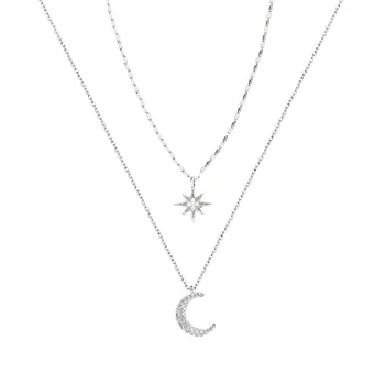 Double Star Luna de Argint 925 Cubic Zirconia Clavicula Lanț Colier Pentru Femei, Fete Simple, Delicate Bijuterii Trendy SN2392