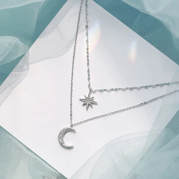 Double Star Luna de Argint 925 Cubic Zirconia Clavicula Lanț Colier Pentru Femei, Fete Simple, Delicate Bijuterii Trendy SN2392
