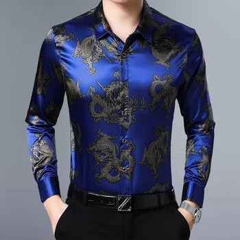 Dragon Imprimat Mens Satin Tricouri Royal Albastru Barbati, Camasi Cu Maneca Lunga Dragon Tricouri Imprimate Mens Îmbrăcăminte În Stil Chinezesc Sociale