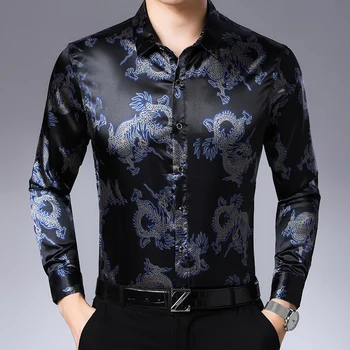Dragon Imprimat Mens Satin Tricouri Royal Albastru Barbati, Camasi Cu Maneca Lunga Dragon Tricouri Imprimate Mens Îmbrăcăminte În Stil Chinezesc Sociale