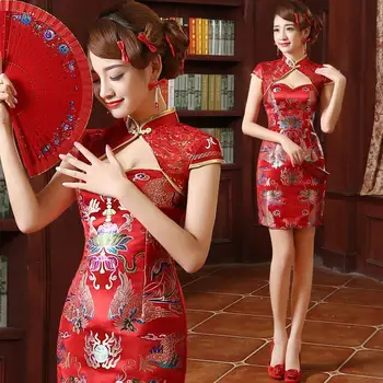 Dragon phoenix roșu oriental de mătase longfeng formale satin fara spate sexy de mireasa din satin seara bujor qipao rochie tradițională chineză
