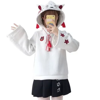 Drăguț Japoneză Street Fashion Femei Hoodies Harajuku Kawaii Fox Ureche Hanorac Sakura Broderie Plus Catifea Pulover Topuri