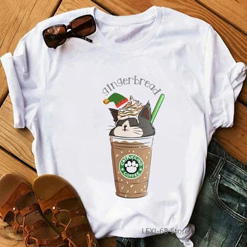Drăguț pisica de Craciun de cafea imprimate haioase animale femei camasi de vara de top de sex feminin 90 streetwear tumblr tricou femme grafic tees