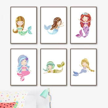 Drăguț Prințesă Sirenă Pepinieră Wall Art Print Panza Pictura Nordică Postere Si Printuri De Perete Poze Cu Fetita Decor Camera Pentru Copii