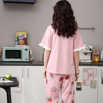 Drăguț Roz de Imprimare Femeile Dorm Set Pijamas Costum de Bumbac Moale 2 BUC Pijamale cu Maneci Scurte de Genunchi Lungime Pijama Set Lenjerie Intima