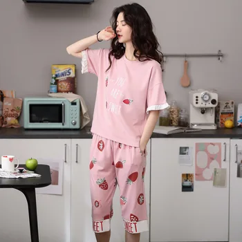 Drăguț Roz de Imprimare Femeile Dorm Set Pijamas Costum de Bumbac Moale 2 BUC Pijamale cu Maneci Scurte de Genunchi Lungime Pijama Set Lenjerie Intima