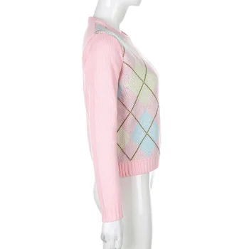 Drăguț Roz Y2k Pulover Femei De Moda Toamna 2020 Unită Pulover Pulover Maneca Lunga Carouri Jumper Partea De Sus Pulovere Trage Femme