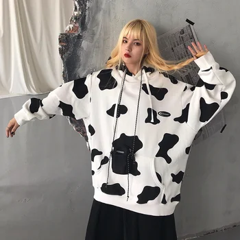 Drăguț Vaci De Lapte Imprimare Femei Supradimensionat Hanorace 2020 Toamnă Caldă Buzunar Hanorac Casual Liber De Imprimare De Iarnă Pulover Doamnelor