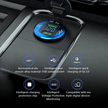 Dual USB QC 3.0 Incarcator Auto Aluminiu Soclu Priză Încărcătorul Cu Digital Afișare Tensiune De 12V/24V Auto Motociclete