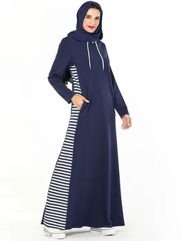 Dubai Arabe Cu Gluga Trening Rochie Lunga Femei Musulmane Stripe Jogging Sport Maxi Rochie De Mers Pe Jos De Uzură Buzunare Laterale Haine Islamice