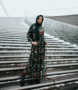 Dubai Dulce Floral Rochie Musulman Femei Broderie Floare Big Swing a-line Rochie Lunga Dantela-up Haine Islamice Maxi Rochii Hijab