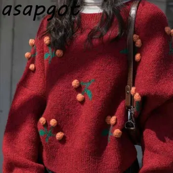 Dulce Roșii Cherry Aplici Femei Pulovere De Moda Japonia Stil Nou Chic O De Gât Tricotate De Sus Uza Trage Femme Moda Temperament