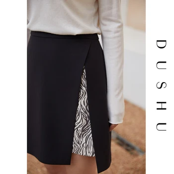 DUSHU Plus dimensiune negru mozaic mini-lin fusta Femei leopard de imprimare scurte, fusta cu talie inalta Femei toamna iarna elegante, fuste