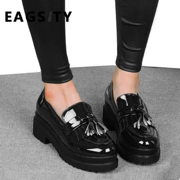 EAGSITY din piele pentru femei pantofi slip pe ciucure rotund toe platforma talpa groasă casual pantofi pentru femei
