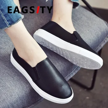 EAGSITY Mocasini Pentru Femei balerini casual pantofi slip pe rotund toe adidas moale talpa confortabil respirabil negru alb