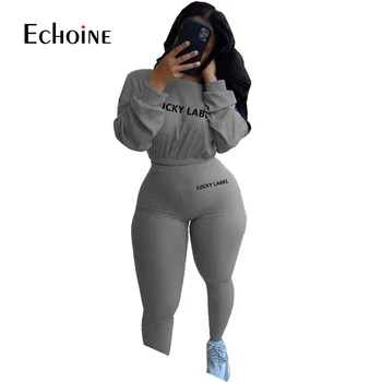 Echoine Femei Activewear Norocos Eticheta Broderie Cu Dungi Set Pulover Topuri Legging Pant Set Trening Fitness Două Piese Utilaje