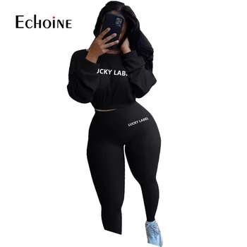 Echoine Femei Activewear Norocos Eticheta Broderie Cu Dungi Set Pulover Topuri Legging Pant Set Trening Fitness Două Piese Utilaje