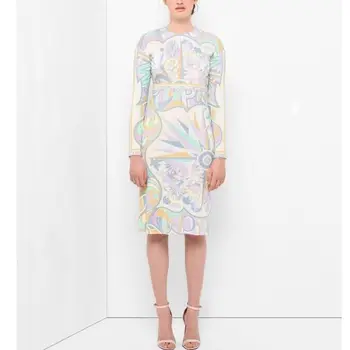 EFATZP mai Nou Moda 2018 Designer Rochie Femei, cu Maneci Lungi elegante de Imprimare Geometrice Stretch Jersey Mătase XL XXL Rochie de Zi